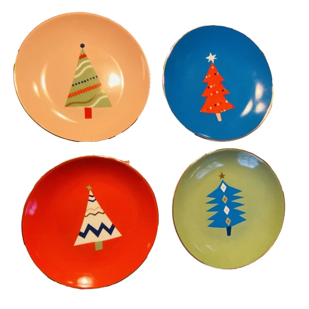 Rare PIER 1 Christmas Tree Plate Set (4) Colorful Holiday Appetizer Canape 6”